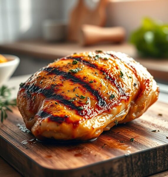 A juicy, golden-brown grilled chicken breast resting on a rustic wooden cutting board. The meat is basted with a bright, lemony-garlic marinade, glistening with flecks of herbs. The background features a simple, minimalist kitchen setting with natural light streaming in, casting a warm, inviting glow. The image has a depth of field that puts the chicken in sharp focus, with a slightly blurred background to draw the eye to the delectable main subject. The overall mood is one of simple elegance and appetite-whetting temptation.