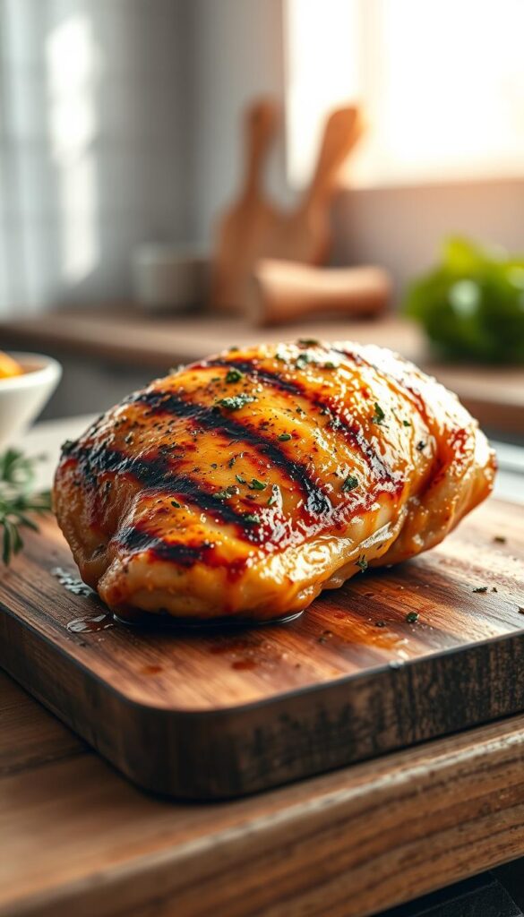A juicy, golden-brown grilled chicken breast resting on a rustic wooden cutting board. The meat is basted with a bright, lemony-garlic marinade, glistening with flecks of herbs. The background features a simple, minimalist kitchen setting with natural light streaming in, casting a warm, inviting glow. The image has a depth of field that puts the chicken in sharp focus, with a slightly blurred background to draw the eye to the delectable main subject. The overall mood is one of simple elegance and appetite-whetting temptation.