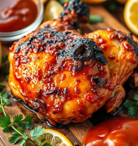 A juicy, golden-brown pair of BBQ grilled chicken thighs, fresh off the grill, steaming hot and glistening with a tantalizing barbecue glaze. The crispy, charred skin contrasts with the succulent, tender meat, inviting you to take a satisfying bite. The thighs are arranged on a rustic wooden cutting board, surrounded by fresh lemon wedges, herbs, and a side of tangy, homemade barbecue sauce. The scene is bathed in warm, golden lighting, creating a mouthwatering, appetite-inducing atmosphere. Captured at a slightly elevated angle, the image emphasizes the dish's irresistible texture and flavor.
