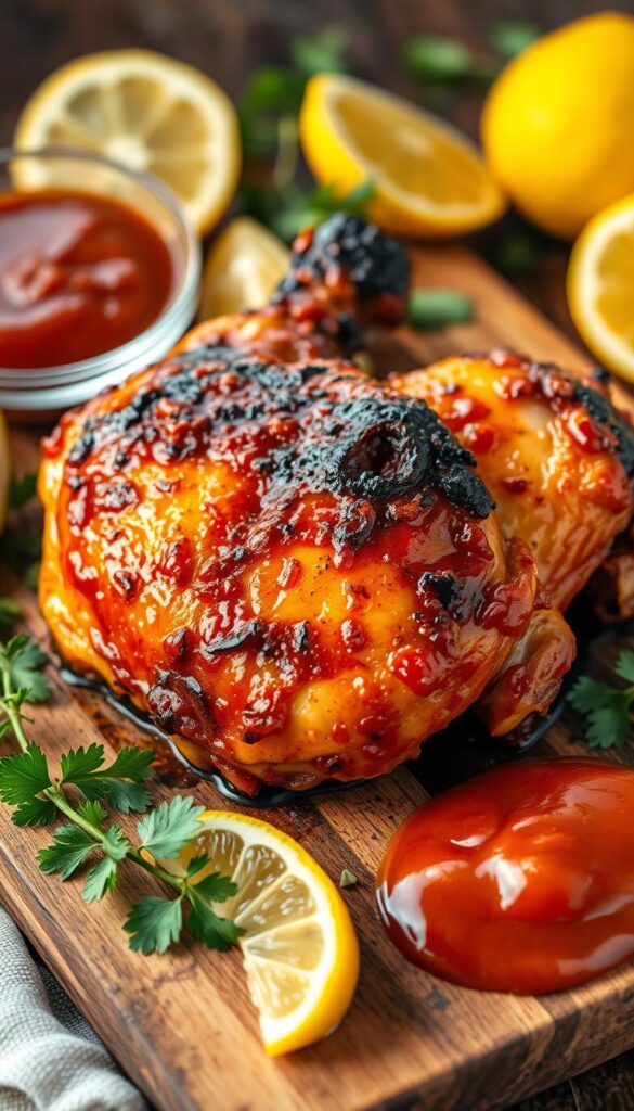 A juicy, golden-brown pair of BBQ grilled chicken thighs, fresh off the grill, steaming hot and glistening with a tantalizing barbecue glaze. The crispy, charred skin contrasts with the succulent, tender meat, inviting you to take a satisfying bite. The thighs are arranged on a rustic wooden cutting board, surrounded by fresh lemon wedges, herbs, and a side of tangy, homemade barbecue sauce. The scene is bathed in warm, golden lighting, creating a mouthwatering, appetite-inducing atmosphere. Captured at a slightly elevated angle, the image emphasizes the dish's irresistible texture and flavor.