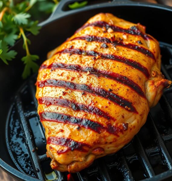 A juicy, grilled Cajun chicken breast sizzles on a hot cast-iron grill, with bold spices like paprika, garlic, and cayenne adding a fiery kick. Charred grill marks criss-cross the succulent meat, while a light drizzle of olive oil glistens on the crisp skin. The chicken is framed against a backdrop of lush, verdant herbs and a rustic, wooden table, creating a mouthwatering scene of bold, Cajun-inspired flavors. Warm, golden lighting bathes the image, evoking the comforting atmosphere of a casual, backyard cookout. The overall composition is clean, focused, and appetizing, perfectly capturing the essence of this spicy, grilled chicken dish.