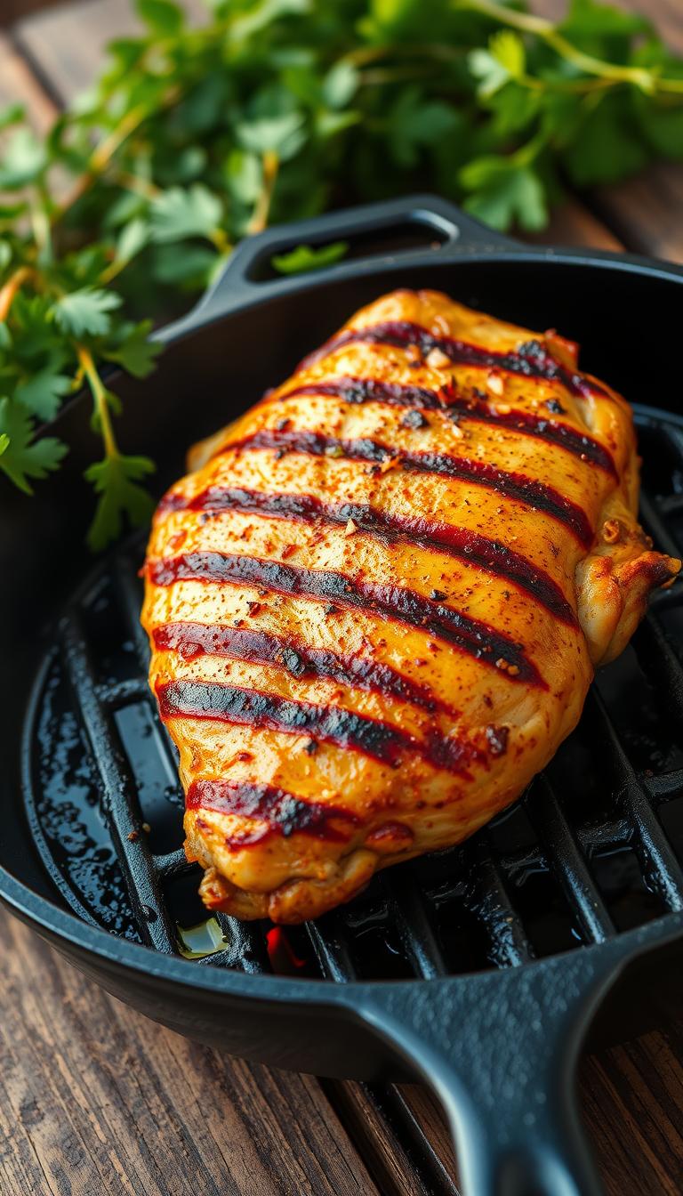 A juicy, grilled Cajun chicken breast sizzles on a hot cast-iron grill, with bold spices like paprika, garlic, and cayenne adding a fiery kick. Charred grill marks criss-cross the succulent meat, while a light drizzle of olive oil glistens on the crisp skin. The chicken is framed against a backdrop of lush, verdant herbs and a rustic, wooden table, creating a mouthwatering scene of bold, Cajun-inspired flavors. Warm, golden lighting bathes the image, evoking the comforting atmosphere of a casual, backyard cookout. The overall composition is clean, focused, and appetizing, perfectly capturing the essence of this spicy, grilled chicken dish.