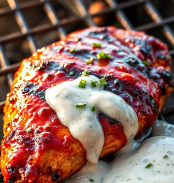 A juicy grilled chicken breast smothered in a tangy BBQ ranch sauce, glistening under warm, natural lighting. The chicken is set against a backdrop of charcoal grill grates, with wisps of smoke curling up around it. In the foreground, a creamy ranch dressing drizzles over the chicken, accented by flecks of fresh herbs. The composition is shot from a low angle, capturing the rich caramelization on the chicken's surface and the depth of the savory flavors. An inviting, mouthwatering scene that captures the essence of the BBQ ranch grilled chicken recipe.