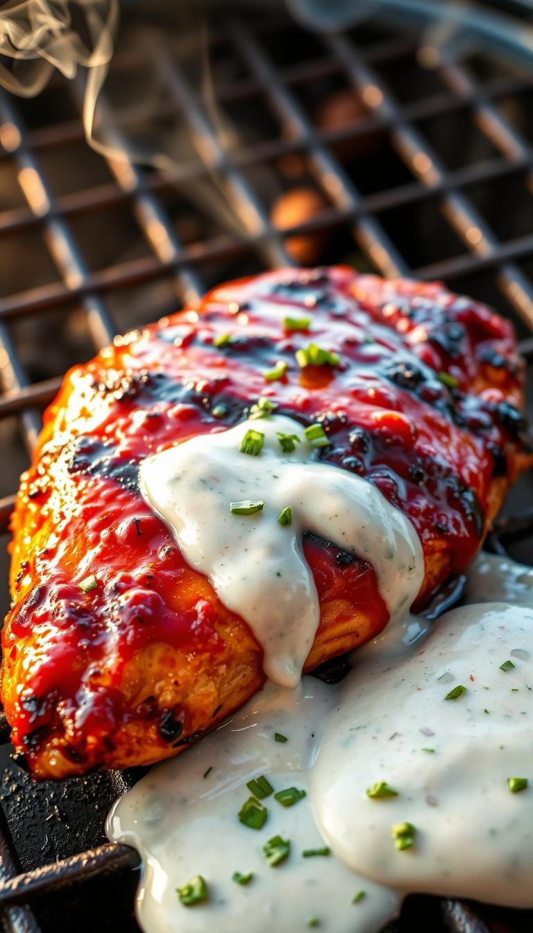 A juicy grilled chicken breast smothered in a tangy BBQ ranch sauce, glistening under warm, natural lighting. The chicken is set against a backdrop of charcoal grill grates, with wisps of smoke curling up around it. In the foreground, a creamy ranch dressing drizzles over the chicken, accented by flecks of fresh herbs. The composition is shot from a low angle, capturing the rich caramelization on the chicken's surface and the depth of the savory flavors. An inviting, mouthwatering scene that captures the essence of the BBQ ranch grilled chicken recipe.