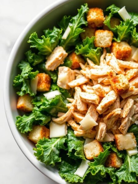 A mouth-watering Shredded Chicken Kale Caesar Salad, served in a shallow white ceramic bowl. The salad is beautifully arranged, with crisp kale leaves forming the base, topped with shredded chicken that has been expertly seasoned and grilled to perfection. Creamy Caesar dressing coats the leaves, complemented by crunchy croutons and shavings of Parmesan cheese. The lighting is soft and natural, capturing the salad's vibrant colors and textures. The camera angle is slightly elevated, providing a tantalizing overhead view that showcases the salad's artful presentation. The background is blurred, keeping the focus on the delectable dish in the foreground.