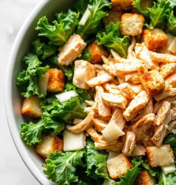 A mouth-watering Shredded Chicken Kale Caesar Salad, served in a shallow white ceramic bowl. The salad is beautifully arranged, with crisp kale leaves forming the base, topped with shredded chicken that has been expertly seasoned and grilled to perfection. Creamy Caesar dressing coats the leaves, complemented by crunchy croutons and shavings of Parmesan cheese. The lighting is soft and natural, capturing the salad's vibrant colors and textures. The camera angle is slightly elevated, providing a tantalizing overhead view that showcases the salad's artful presentation. The background is blurred, keeping the focus on the delectable dish in the foreground.