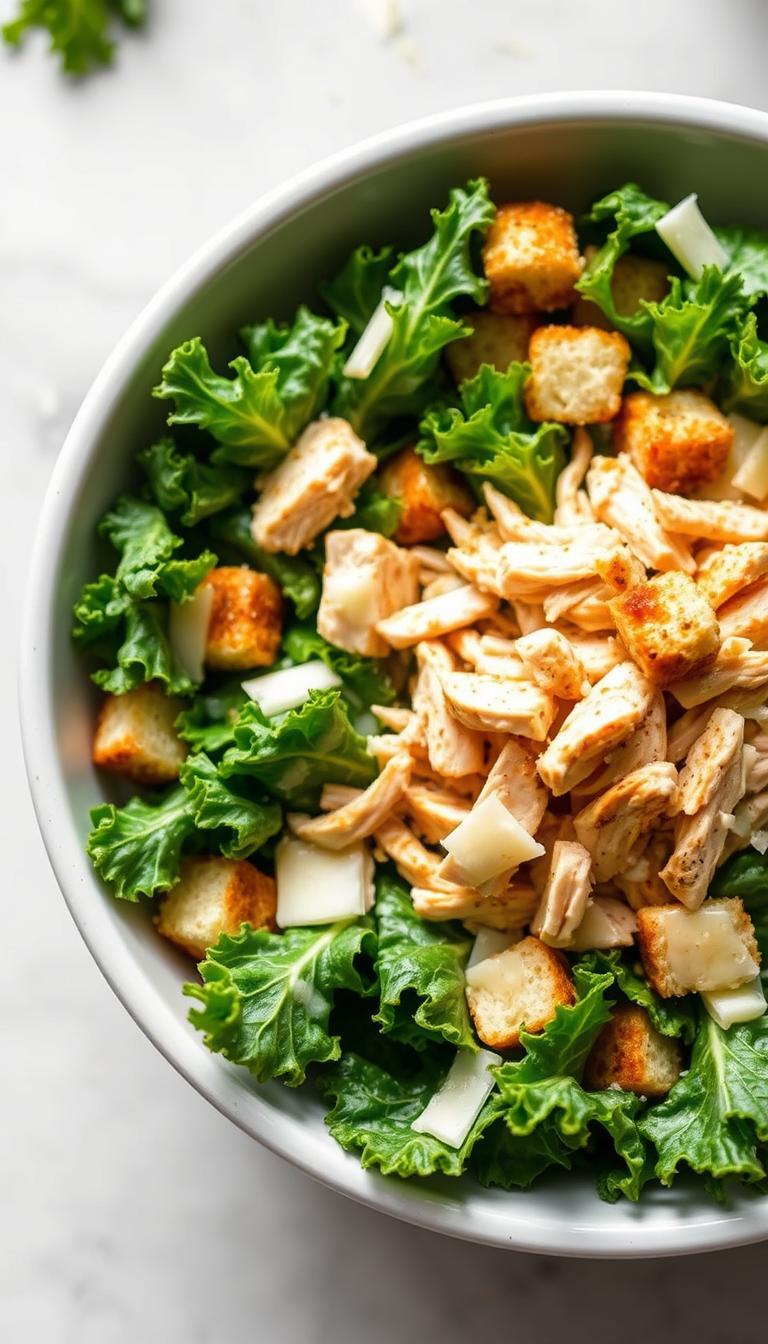 A mouth-watering Shredded Chicken Kale Caesar Salad, served in a shallow white ceramic bowl. The salad is beautifully arranged, with crisp kale leaves forming the base, topped with shredded chicken that has been expertly seasoned and grilled to perfection. Creamy Caesar dressing coats the leaves, complemented by crunchy croutons and shavings of Parmesan cheese. The lighting is soft and natural, capturing the salad's vibrant colors and textures. The camera angle is slightly elevated, providing a tantalizing overhead view that showcases the salad's artful presentation. The background is blurred, keeping the focus on the delectable dish in the foreground.