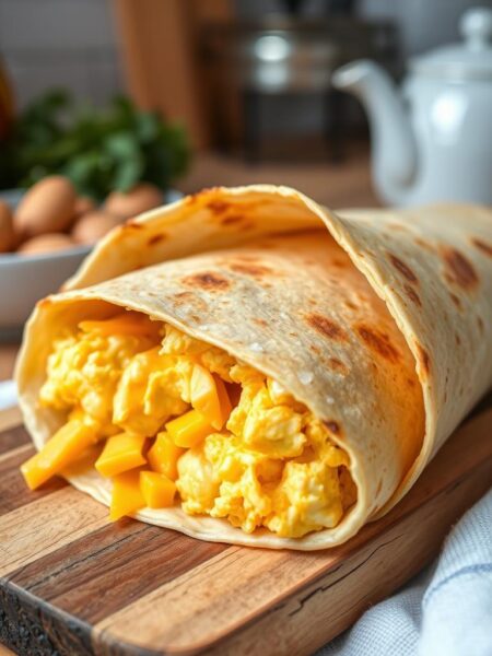 A mouth-watering breakfast wrap with a golden-brown tortilla, fluffy scrambled eggs, and melted cheddar cheese. The wrap is presented on a rustic wooden board, with a warm, cozy kitchen setting in the background. Soft, diffused lighting casts a natural glow, highlighting the delicate textures and inviting aromas. The composition is arranged with care, conveying a sense of simplicity and homemade comfort. The scene evokes a feeling of a relaxed morning, encouraging the viewer to savor the delicious and satisfying Egg & Cheese Breakfast Wrap.
