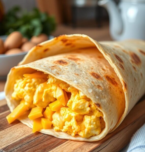 A mouth-watering breakfast wrap with a golden-brown tortilla, fluffy scrambled eggs, and melted cheddar cheese. The wrap is presented on a rustic wooden board, with a warm, cozy kitchen setting in the background. Soft, diffused lighting casts a natural glow, highlighting the delicate textures and inviting aromas. The composition is arranged with care, conveying a sense of simplicity and homemade comfort. The scene evokes a feeling of a relaxed morning, encouraging the viewer to savor the delicious and satisfying Egg & Cheese Breakfast Wrap.