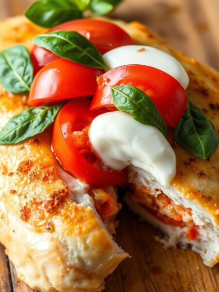 A mouth-watering close-up of a golden-brown chicken breast, sliced open to reveal a luscious, vibrant Caprese-style filling. The tender chicken is topped with fresh mozzarella, juicy tomatoes, and fragrant basil leaves, shimmering under a soft, warm light. The composition is framed by a simple, rustic wooden surface, evoking the comforting, homemade nature of this delectable dish. The overall scene radiates an enticing, appetizing aroma and a sense of culinary harmony, making it the perfect visual accompaniment to the "Caprese Stuffed Chicken" recipe.