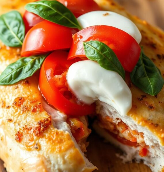 A mouth-watering close-up of a golden-brown chicken breast, sliced open to reveal a luscious, vibrant Caprese-style filling. The tender chicken is topped with fresh mozzarella, juicy tomatoes, and fragrant basil leaves, shimmering under a soft, warm light. The composition is framed by a simple, rustic wooden surface, evoking the comforting, homemade nature of this delectable dish. The overall scene radiates an enticing, appetizing aroma and a sense of culinary harmony, making it the perfect visual accompaniment to the "Caprese Stuffed Chicken" recipe.