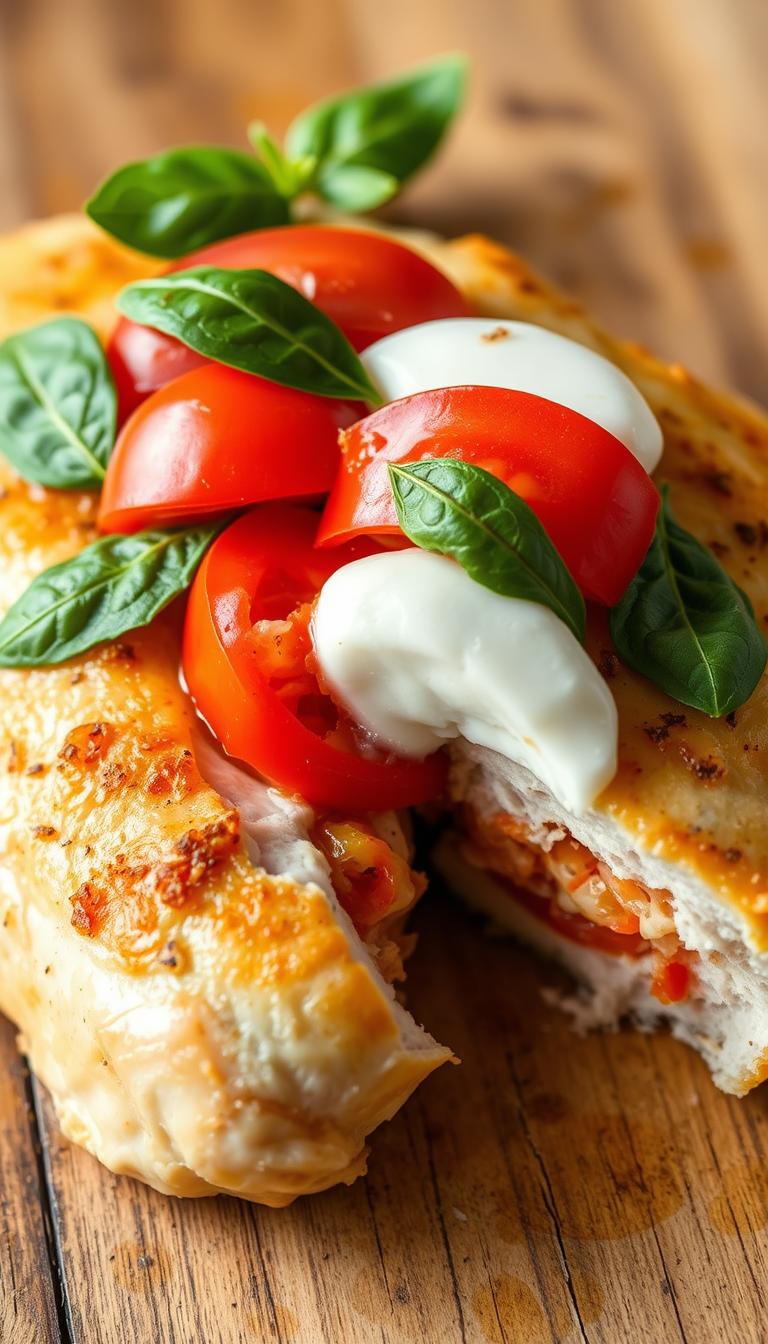 A mouth-watering close-up of a golden-brown chicken breast, sliced open to reveal a luscious, vibrant Caprese-style filling. The tender chicken is topped with fresh mozzarella, juicy tomatoes, and fragrant basil leaves, shimmering under a soft, warm light. The composition is framed by a simple, rustic wooden surface, evoking the comforting, homemade nature of this delectable dish. The overall scene radiates an enticing, appetizing aroma and a sense of culinary harmony, making it the perfect visual accompaniment to the "Caprese Stuffed Chicken" recipe.