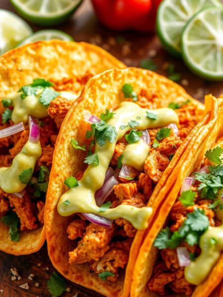 A mouth-watering close-up of three crisp, golden-brown chicken tacos, filled with tender, spicy chicken, freshly chopped cilantro, diced red onion, and a drizzle of creamy avocado sauce. The tacos are nestled on a rustic wooden surface, with a vibrant background of vibrant green and red bell peppers, sliced limes, and a scattering of whole cumin seeds. Bright, natural lighting casts warm shadows, emphasizing the textural details of the dish. The overall composition evokes a casual, homemade Mexican feast, ready to be savored.
