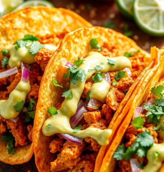 A mouth-watering close-up of three crisp, golden-brown chicken tacos, filled with tender, spicy chicken, freshly chopped cilantro, diced red onion, and a drizzle of creamy avocado sauce. The tacos are nestled on a rustic wooden surface, with a vibrant background of vibrant green and red bell peppers, sliced limes, and a scattering of whole cumin seeds. Bright, natural lighting casts warm shadows, emphasizing the textural details of the dish. The overall composition evokes a casual, homemade Mexican feast, ready to be savored.