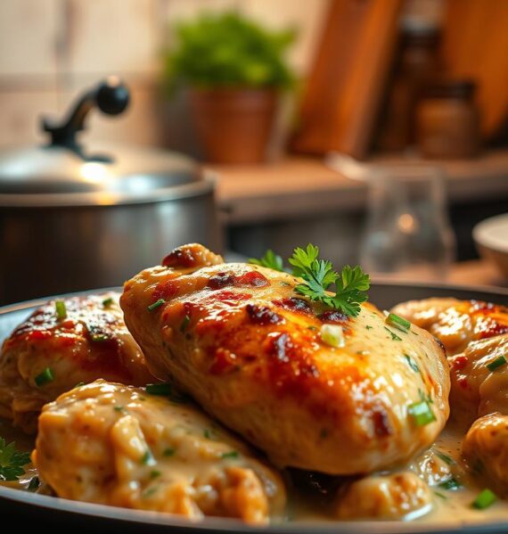 A mouth-watering slow-cooked chicken thigh dish set against a softly lit, rustic kitchen backdrop. Tender, juicy chicken thighs gently simmering in a creamy, herb-infused sauce, the aroma wafting through the air. Garnished with fresh parsley and chives, the dish emanates homely comfort and nourishment. Soft, diffused lighting illuminates the scene, casting a warm, inviting glow. The camera angle captures the dish in an appetizing close-up, showcasing the delectable textures and flavors. An image that evokes the senses and inspires the appetite for a delicious, satisfying meal.