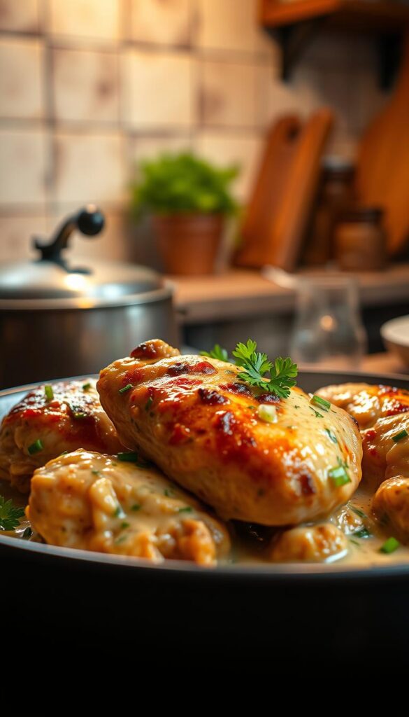 A mouth-watering slow-cooked chicken thigh dish set against a softly lit, rustic kitchen backdrop. Tender, juicy chicken thighs gently simmering in a creamy, herb-infused sauce, the aroma wafting through the air. Garnished with fresh parsley and chives, the dish emanates homely comfort and nourishment. Soft, diffused lighting illuminates the scene, casting a warm, inviting glow. The camera angle captures the dish in an appetizing close-up, showcasing the delectable textures and flavors. An image that evokes the senses and inspires the appetite for a delicious, satisfying meal.