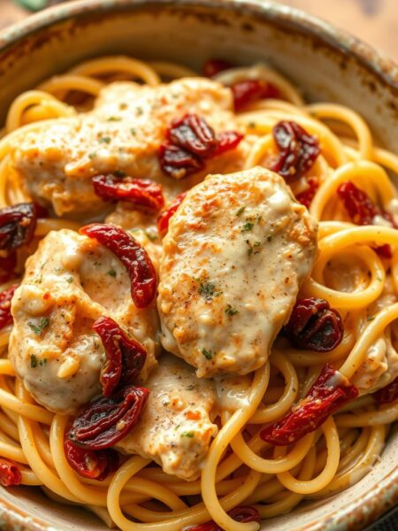 A mouth-watering sun-dried tomato chicken Alfredo dish served in a rustic ceramic bowl. The tender chicken is bathed in a rich, creamy Alfredo sauce, accented by the bold, tangy flavor of sun-dried tomatoes. Delicate strands of al dente fettuccine are nestled among the chicken and sauce, creating a harmonious blend of textures. The lighting is soft and warm, highlighting the dish's vibrant colors and enticing aromas. Viewed from a slightly elevated angle, the scene exudes a cozy, homemade ambiance, inviting the viewer to dive in and savor every bite.