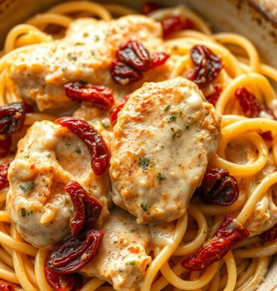 A mouth-watering sun-dried tomato chicken Alfredo dish served in a rustic ceramic bowl. The tender chicken is bathed in a rich, creamy Alfredo sauce, accented by the bold, tangy flavor of sun-dried tomatoes. Delicate strands of al dente fettuccine are nestled among the chicken and sauce, creating a harmonious blend of textures. The lighting is soft and warm, highlighting the dish's vibrant colors and enticing aromas. Viewed from a slightly elevated angle, the scene exudes a cozy, homemade ambiance, inviting the viewer to dive in and savor every bite.