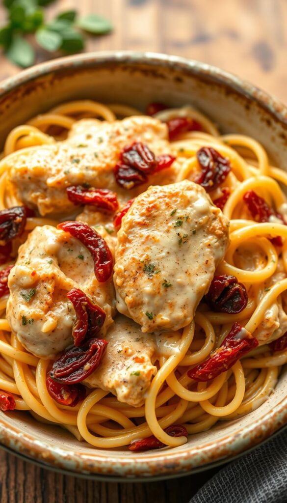 A mouth-watering sun-dried tomato chicken Alfredo dish served in a rustic ceramic bowl. The tender chicken is bathed in a rich, creamy Alfredo sauce, accented by the bold, tangy flavor of sun-dried tomatoes. Delicate strands of al dente fettuccine are nestled among the chicken and sauce, creating a harmonious blend of textures. The lighting is soft and warm, highlighting the dish's vibrant colors and enticing aromas. Viewed from a slightly elevated angle, the scene exudes a cozy, homemade ambiance, inviting the viewer to dive in and savor every bite.