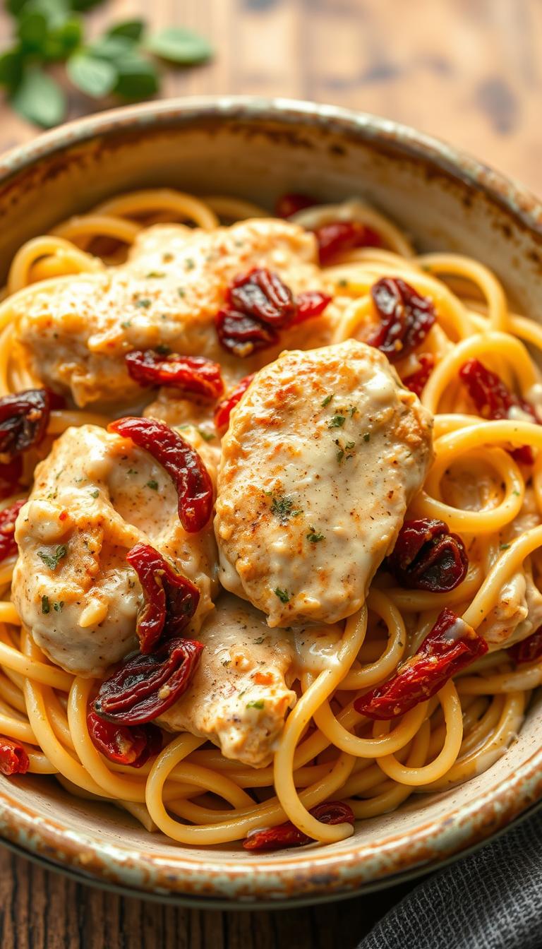 A mouth-watering sun-dried tomato chicken Alfredo dish served in a rustic ceramic bowl. The tender chicken is bathed in a rich, creamy Alfredo sauce, accented by the bold, tangy flavor of sun-dried tomatoes. Delicate strands of al dente fettuccine are nestled among the chicken and sauce, creating a harmonious blend of textures. The lighting is soft and warm, highlighting the dish's vibrant colors and enticing aromas. Viewed from a slightly elevated angle, the scene exudes a cozy, homemade ambiance, inviting the viewer to dive in and savor every bite.