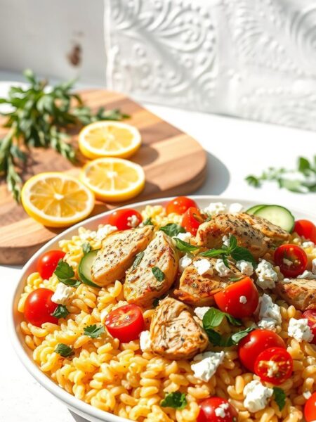 A mouthwatering Greek Chicken Orzo Salad set against a bright, sun-dappled backdrop. In the foreground, a bountiful plate showcases tender, herb-seasoned chicken pieces nestled atop a bed of al dente orzo pasta, tossed with vibrant cherry tomatoes, crisp cucumber slices, tangy feta crumbles, and fragrant fresh herbs. The middle ground features a wooden serving board with sliced lemons and sprigs of aromatic oregano, while the background depicts a rustic, whitewashed wall, exuding a Mediterranean ambiance. Soft, directional lighting caresses the scene, highlighting the dish's vibrant colors and enticing textures, inviting the viewer to savor the refreshing, flavor-packed creation.