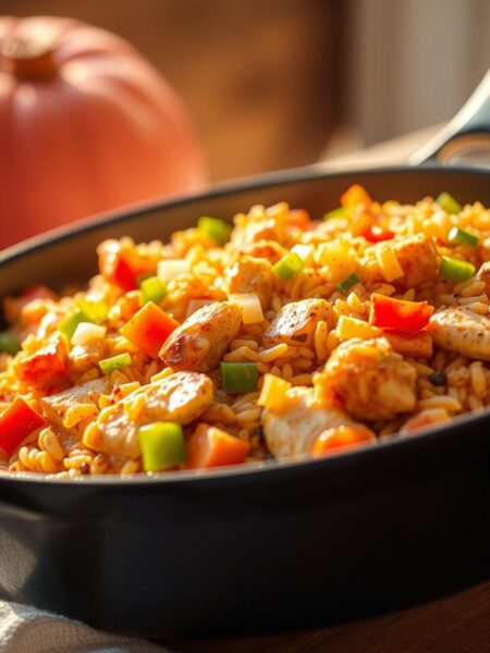 A mouthwatering Southwest Chicken and Rice Skillet set against a warm, sun-drenched backdrop. The tender chicken and aromatic rice blend with vibrant peppers, onions, and a medley of Southwest spices, creating a visually striking and appetizing scene. The skillet is slightly tilted, allowing the ingredients to be showcased in a dynamic, almost three-dimensional way. The lighting casts a soft, golden glow, highlighting the rich textures and colors of the dish. The overall composition is balanced and inviting, drawing the viewer in with the promise of a flavorful and satisfying meal.