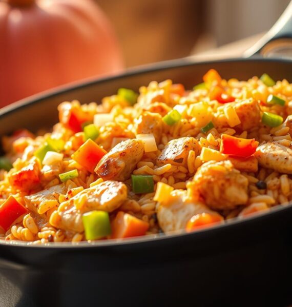 A mouthwatering Southwest Chicken and Rice Skillet set against a warm, sun-drenched backdrop. The tender chicken and aromatic rice blend with vibrant peppers, onions, and a medley of Southwest spices, creating a visually striking and appetizing scene. The skillet is slightly tilted, allowing the ingredients to be showcased in a dynamic, almost three-dimensional way. The lighting casts a soft, golden glow, highlighting the rich textures and colors of the dish. The overall composition is balanced and inviting, drawing the viewer in with the promise of a flavorful and satisfying meal.