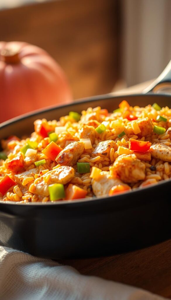 A mouthwatering Southwest Chicken and Rice Skillet set against a warm, sun-drenched backdrop. The tender chicken and aromatic rice blend with vibrant peppers, onions, and a medley of Southwest spices, creating a visually striking and appetizing scene. The skillet is slightly tilted, allowing the ingredients to be showcased in a dynamic, almost three-dimensional way. The lighting casts a soft, golden glow, highlighting the rich textures and colors of the dish. The overall composition is balanced and inviting, drawing the viewer in with the promise of a flavorful and satisfying meal.