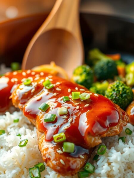 A mouthwatering Teriyaki Chicken and Rice Skillet, steaming hot and glistening under warm, golden lighting. In the foreground, perfectly cooked chicken thighs glazed in a sweet and savory teriyaki sauce, served over a bed of fluffy white rice. Chopped green onions and sesame seeds add vibrant pops of color and texture. In the middle ground, sautéed vegetables like broccoli florets and julienned carrots add depth and nutrition. The background features a rustic cast iron skillet, with a wooden spoon resting inside, conveying a homemade, comforting atmosphere. The entire scene is captured with a shallow depth of field, keeping the focal point on the delectable skillet meal.