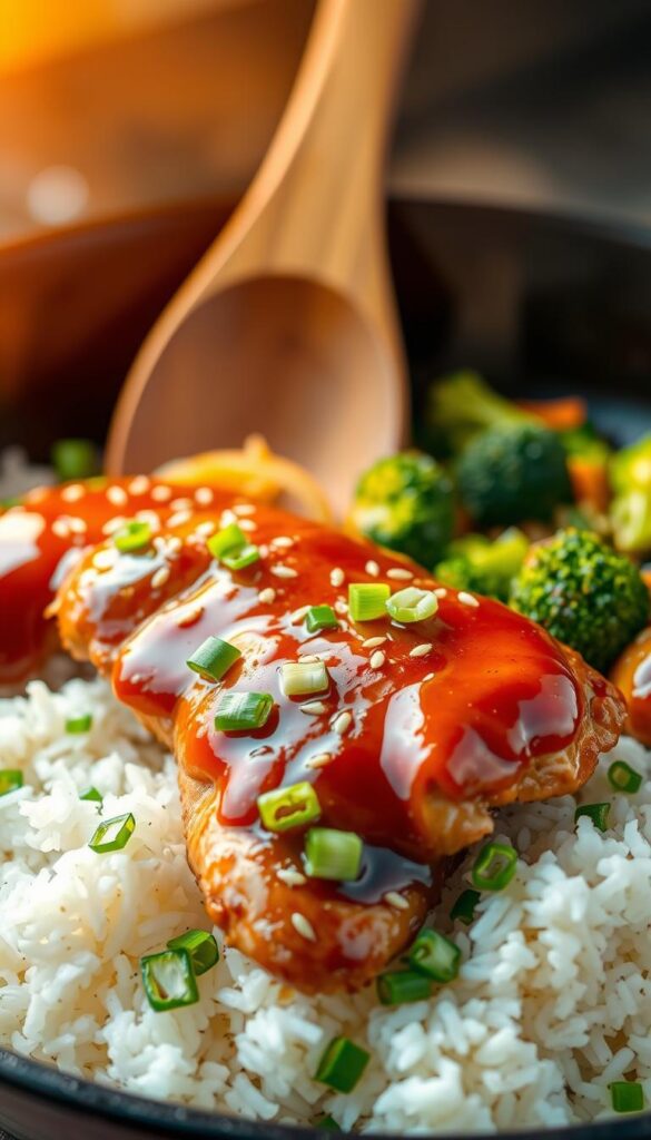 A mouthwatering Teriyaki Chicken and Rice Skillet, steaming hot and glistening under warm, golden lighting. In the foreground, perfectly cooked chicken thighs glazed in a sweet and savory teriyaki sauce, served over a bed of fluffy white rice. Chopped green onions and sesame seeds add vibrant pops of color and texture. In the middle ground, sautéed vegetables like broccoli florets and julienned carrots add depth and nutrition. The background features a rustic cast iron skillet, with a wooden spoon resting inside, conveying a homemade, comforting atmosphere. The entire scene is captured with a shallow depth of field, keeping the focal point on the delectable skillet meal.