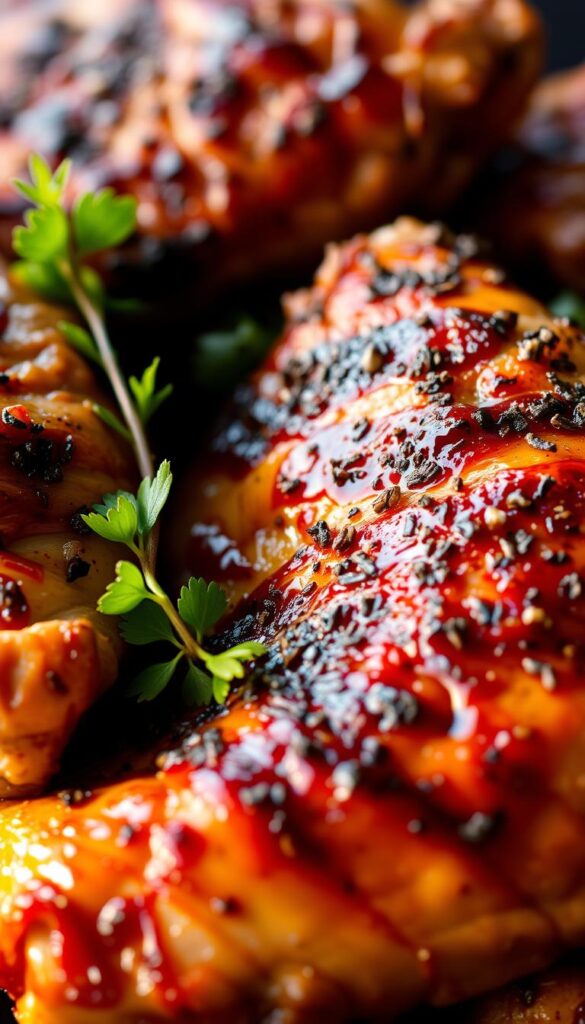 A mouthwatering close-up of succulent, Cajun-spiced grilled chicken thighs. The skin is crisp and glistening, with a deep reddish-brown char from the high-heat sear. Juices peek through the tender meat, hinting at the flavorful brine. Vibrant green herbs and a sprinkle of cracked black pepper add contrast. Backlighting casts dramatic shadows, creating an enticing, restaurant-quality presentation. The image is shot at a slight angle, drawing the viewer in, as if the dish is being served straight from the grill.