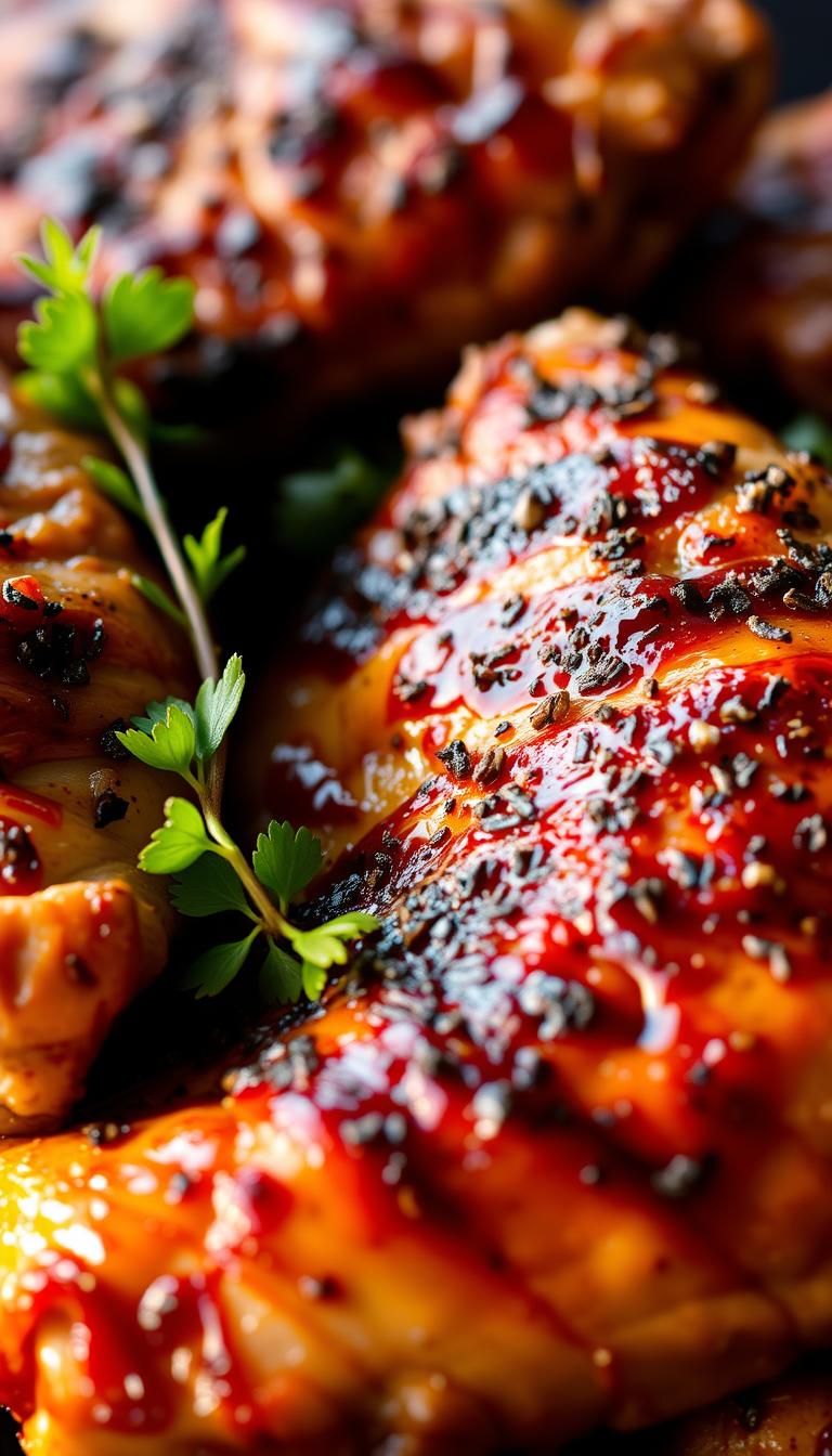 A mouthwatering close-up of succulent, Cajun-spiced grilled chicken thighs. The skin is crisp and glistening, with a deep reddish-brown char from the high-heat sear. Juices peek through the tender meat, hinting at the flavorful brine. Vibrant green herbs and a sprinkle of cracked black pepper add contrast. Backlighting casts dramatic shadows, creating an enticing, restaurant-quality presentation. The image is shot at a slight angle, drawing the viewer in, as if the dish is being served straight from the grill.