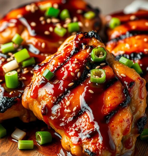 A mouthwatering close-up of succulent honey soy grilled chicken thighs, sizzling with a golden-brown crust and glistening with a sticky, caramelized glaze. The thighs are arranged artfully on a rustic wooden cutting board, their tender flesh contrasting with the charred, charcoal-kissed edges. Vibrant green scallions and toasted sesame seeds add pops of color and texture, while a drizzle of the savory, umami-rich sauce completes the dish. Warm, ambient lighting casts a cozy glow, highlighting the juicy, flavorful chicken against a minimalist, neutral background, creating an image that exudes the perfect balance of comfort and culinary excellence.
