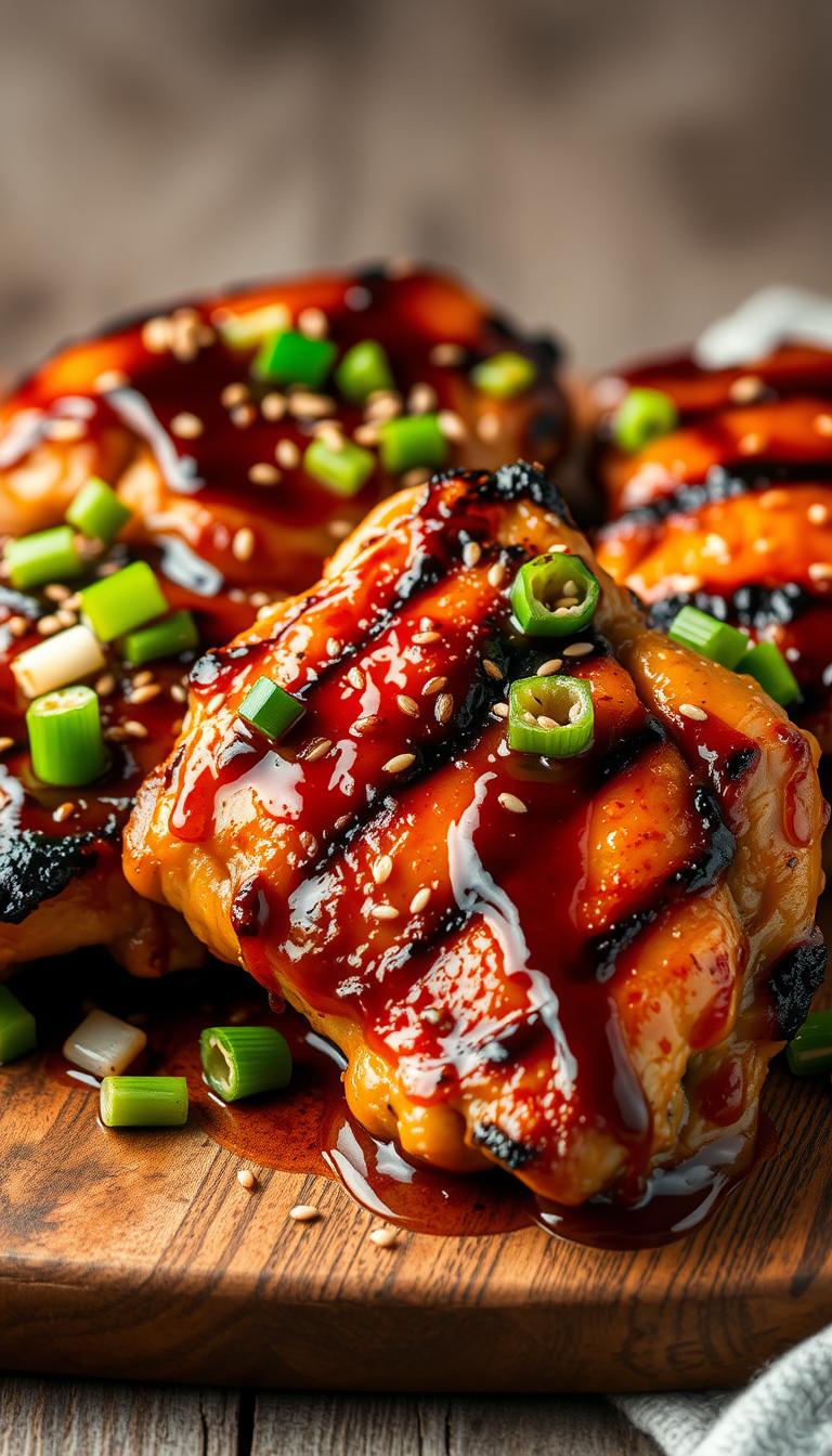 A mouthwatering close-up of succulent honey soy grilled chicken thighs, sizzling with a golden-brown crust and glistening with a sticky, caramelized glaze. The thighs are arranged artfully on a rustic wooden cutting board, their tender flesh contrasting with the charred, charcoal-kissed edges. Vibrant green scallions and toasted sesame seeds add pops of color and texture, while a drizzle of the savory, umami-rich sauce completes the dish. Warm, ambient lighting casts a cozy glow, highlighting the juicy, flavorful chicken against a minimalist, neutral background, creating an image that exudes the perfect balance of comfort and culinary excellence.