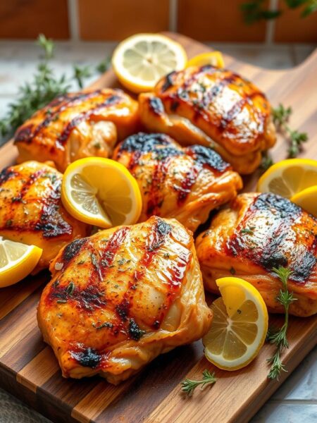 A mouthwatering display of Greek-inspired grilled chicken thighs, marinaded in a fragrant blend of lemon, garlic, oregano, and olive oil. The succulent thighs are arranged on a rustic wooden cutting board, their crisp, golden-brown skin glistening under the warm, natural lighting. Garnished with vibrant lemon wedges and fresh sprigs of fragrant oregano, evoking the sun-drenched Mediterranean. The composition is framed by a backdrop of terracotta tiles, hinting at the authentic Greek setting. The overall scene exudes an inviting, homemade charm, perfectly capturing the essence of this flavorful, grilled chicken dish.