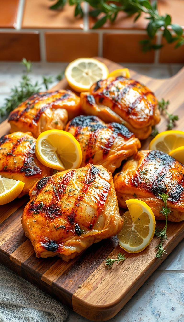 A mouthwatering display of Greek-inspired grilled chicken thighs, marinaded in a fragrant blend of lemon, garlic, oregano, and olive oil. The succulent thighs are arranged on a rustic wooden cutting board, their crisp, golden-brown skin glistening under the warm, natural lighting. Garnished with vibrant lemon wedges and fresh sprigs of fragrant oregano, evoking the sun-drenched Mediterranean. The composition is framed by a backdrop of terracotta tiles, hinting at the authentic Greek setting. The overall scene exudes an inviting, homemade charm, perfectly capturing the essence of this flavorful, grilled chicken dish.