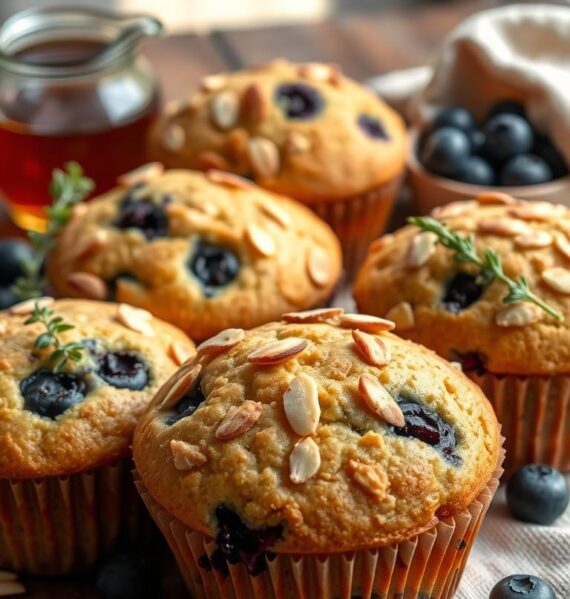 A mouthwatering display of freshly baked blueberry almond muffins, resting on a rustic wooden table. The muffins have a golden-brown crumb with a generous sprinkling of toasted almond slivers. The blueberries burst with juicy, purple hues, peeking through the tender muffin tops. Soft natural light filters in, casting a warm, cozy glow over the scene. The muffins are arranged in an inviting, casual manner, accompanied by a small pitcher of maple syrup, a sprig of fresh thyme, and a napkin casually draped nearby. The overall atmosphere is one of homey, organic simplicity, enticing the viewer to reach out and savor these delectable, nutrient-rich breakfast treats.