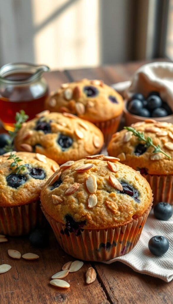 A mouthwatering display of freshly baked blueberry almond muffins, resting on a rustic wooden table. The muffins have a golden-brown crumb with a generous sprinkling of toasted almond slivers. The blueberries burst with juicy, purple hues, peeking through the tender muffin tops. Soft natural light filters in, casting a warm, cozy glow over the scene. The muffins are arranged in an inviting, casual manner, accompanied by a small pitcher of maple syrup, a sprig of fresh thyme, and a napkin casually draped nearby. The overall atmosphere is one of homey, organic simplicity, enticing the viewer to reach out and savor these delectable, nutrient-rich breakfast treats.