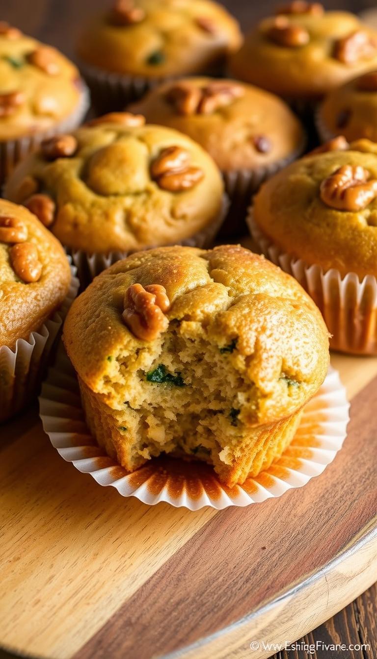 A mouthwatering display of freshly baked zucchini walnut muffins, their golden-brown tops glistening under soft, warm lighting. Arranged artfully on a rustic wooden board, the muffins exude a comforting, homemade aroma. Their moist, tender interiors are visible through the delicate paper liners, showcasing the flecks of zucchini and crunchy walnuts that promise a delightful textural contrast. The overall scene evokes a cozy, inviting atmosphere, perfect for a satisfying grab-and-go breakfast.