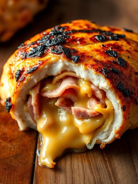 A mouthwatering ham and cheese stuffed chicken breast, seared to a golden-brown finish and cooked to perfection. The skin is crispy, while the juicy interior is filled with a melted blend of savory ham and gooey cheddar cheese. Served on a rustic wooden surface, the dish is lit by soft, warm lighting, casting gentle shadows and highlights that accentuate the succulent textures. The composition places the chicken at the center, allowing the viewer to admire the cross-section revealing the delicious filling. An elegant, appetizing scene that captures the essence of a delightful ham and cheese stuffed chicken dish.