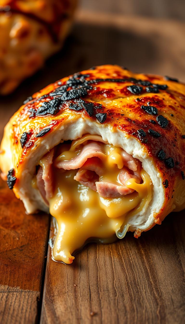 A mouthwatering ham and cheese stuffed chicken breast, seared to a golden-brown finish and cooked to perfection. The skin is crispy, while the juicy interior is filled with a melted blend of savory ham and gooey cheddar cheese. Served on a rustic wooden surface, the dish is lit by soft, warm lighting, casting gentle shadows and highlights that accentuate the succulent textures. The composition places the chicken at the center, allowing the viewer to admire the cross-section revealing the delicious filling. An elegant, appetizing scene that captures the essence of a delightful ham and cheese stuffed chicken dish.