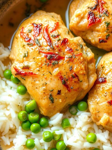 A mouthwatering lemon herb chicken and rice skillet, with tender, juicy chicken thighs simmered in a fragrant broth of fresh lemon juice, garlic, and earthy herbs like thyme and rosemary. The chicken is nestled atop a bed of fluffy, steaming white rice, creating a harmonious, comforting dish. Vibrant green peas and sliced scallions add pops of color and freshness, while a light, creamy sauce coats everything in a delectable, glossy sheen. The scene is bathed in warm, natural lighting, highlighting the appetizing textures and making the dish look irresistible. The overall presentation is simple yet elegant, perfect for a quick, satisfying weeknight meal.