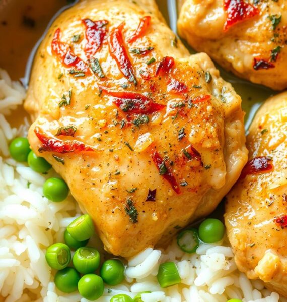 A mouthwatering lemon herb chicken and rice skillet, with tender, juicy chicken thighs simmered in a fragrant broth of fresh lemon juice, garlic, and earthy herbs like thyme and rosemary. The chicken is nestled atop a bed of fluffy, steaming white rice, creating a harmonious, comforting dish. Vibrant green peas and sliced scallions add pops of color and freshness, while a light, creamy sauce coats everything in a delectable, glossy sheen. The scene is bathed in warm, natural lighting, highlighting the appetizing textures and making the dish look irresistible. The overall presentation is simple yet elegant, perfect for a quick, satisfying weeknight meal.