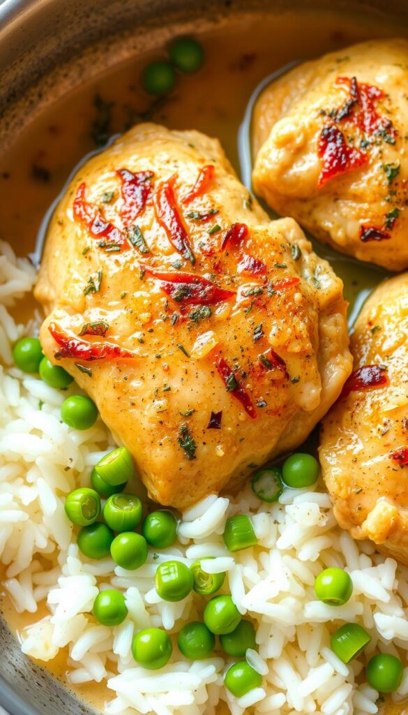 A mouthwatering lemon herb chicken and rice skillet, with tender, juicy chicken thighs simmered in a fragrant broth of fresh lemon juice, garlic, and earthy herbs like thyme and rosemary. The chicken is nestled atop a bed of fluffy, steaming white rice, creating a harmonious, comforting dish. Vibrant green peas and sliced scallions add pops of color and freshness, while a light, creamy sauce coats everything in a delectable, glossy sheen. The scene is bathed in warm, natural lighting, highlighting the appetizing textures and making the dish look irresistible. The overall presentation is simple yet elegant, perfect for a quick, satisfying weeknight meal.