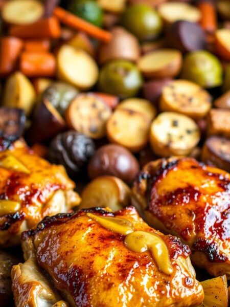 A mouthwatering one-pan meal featuring succulent honey mustard chicken thighs, roasted to golden-brown perfection alongside a medley of tender vegetables. In the foreground, the chicken thighs glisten with a glistening honey mustard glaze, their crispy skin contrasting with the juicy, flavorful meat. In the middle ground, an assortment of colorful vegetables - such as roasted potatoes, Brussels sprouts, and carrots - surround the chicken, their caramelized edges adding depth and texture. The background is softly lit, creating a warm, inviting atmosphere that beckons the viewer to dive in and savor the effortless, yet delectable, dish. The composition is well-balanced, with the chicken as the focal point, complemented by the harmonious arrangement of the side dishes. An air of rustic elegance permeates the scene, hinting at the satisfying, hassle-free dinner waiting to be enjoyed.