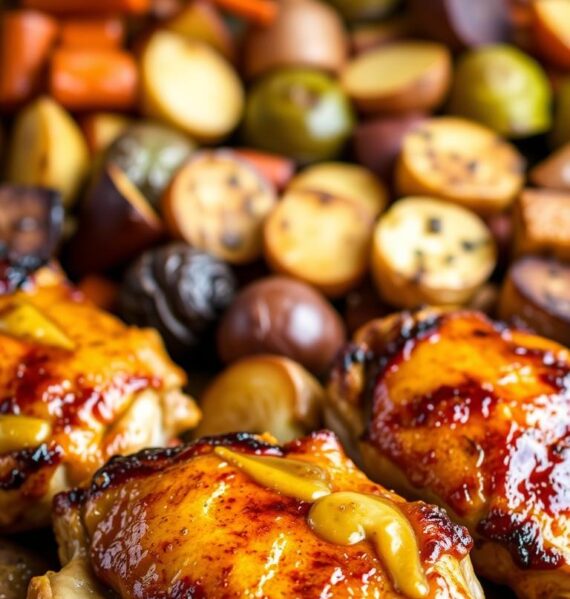 A mouthwatering one-pan meal featuring succulent honey mustard chicken thighs, roasted to golden-brown perfection alongside a medley of tender vegetables. In the foreground, the chicken thighs glisten with a glistening honey mustard glaze, their crispy skin contrasting with the juicy, flavorful meat. In the middle ground, an assortment of colorful vegetables - such as roasted potatoes, Brussels sprouts, and carrots - surround the chicken, their caramelized edges adding depth and texture. The background is softly lit, creating a warm, inviting atmosphere that beckons the viewer to dive in and savor the effortless, yet delectable, dish. The composition is well-balanced, with the chicken as the focal point, complemented by the harmonious arrangement of the side dishes. An air of rustic elegance permeates the scene, hinting at the satisfying, hassle-free dinner waiting to be enjoyed.