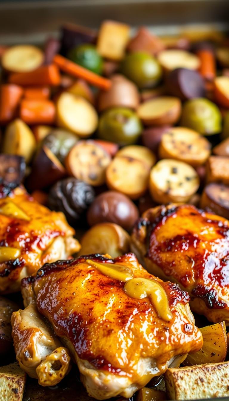 A mouthwatering one-pan meal featuring succulent honey mustard chicken thighs, roasted to golden-brown perfection alongside a medley of tender vegetables. In the foreground, the chicken thighs glisten with a glistening honey mustard glaze, their crispy skin contrasting with the juicy, flavorful meat. In the middle ground, an assortment of colorful vegetables - such as roasted potatoes, Brussels sprouts, and carrots - surround the chicken, their caramelized edges adding depth and texture. The background is softly lit, creating a warm, inviting atmosphere that beckons the viewer to dive in and savor the effortless, yet delectable, dish. The composition is well-balanced, with the chicken as the focal point, complemented by the harmonious arrangement of the side dishes. An air of rustic elegance permeates the scene, hinting at the satisfying, hassle-free dinner waiting to be enjoyed.