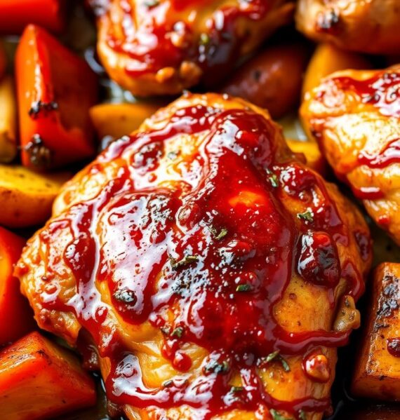 A mouthwatering one-pan meal featuring tender, juicy barbecue-glazed chicken thighs nestled alongside roasted vegetables. The chicken is crispy-skinned and glistening with a sticky-sweet sauce, complemented by a medley of brightly-colored peppers, zucchini, and onions. The scene is bathed in warm, golden light, casting a cozy, rustic atmosphere. The composition is balanced, with the chicken as the focal point, surrounded by the arrangement of vibrant veggies. The overall impression is one of effortless, comforting, and delicious home-cooked goodness.