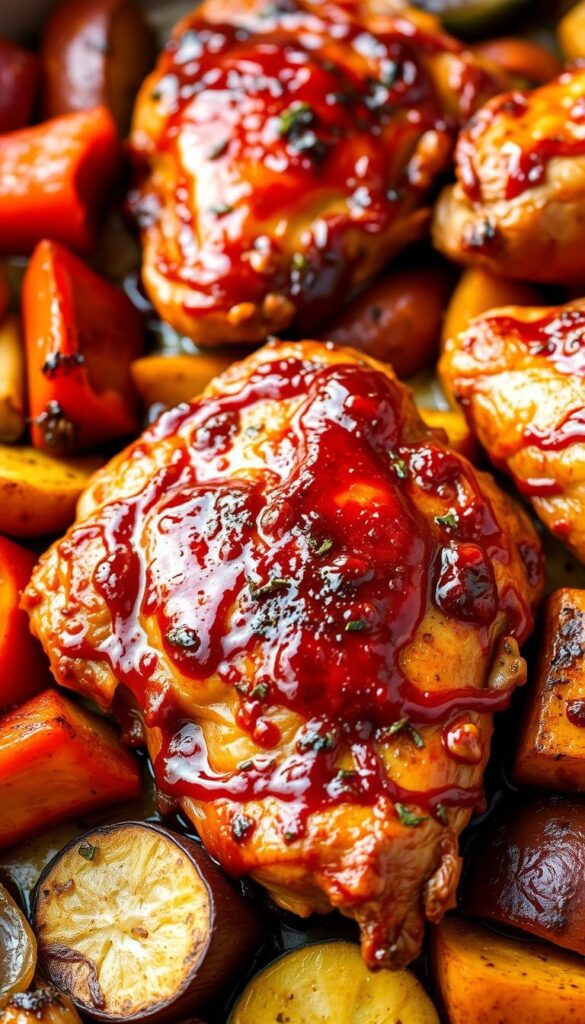 A mouthwatering one-pan meal featuring tender, juicy barbecue-glazed chicken thighs nestled alongside roasted vegetables. The chicken is crispy-skinned and glistening with a sticky-sweet sauce, complemented by a medley of brightly-colored peppers, zucchini, and onions. The scene is bathed in warm, golden light, casting a cozy, rustic atmosphere. The composition is balanced, with the chicken as the focal point, surrounded by the arrangement of vibrant veggies. The overall impression is one of effortless, comforting, and delicious home-cooked goodness.