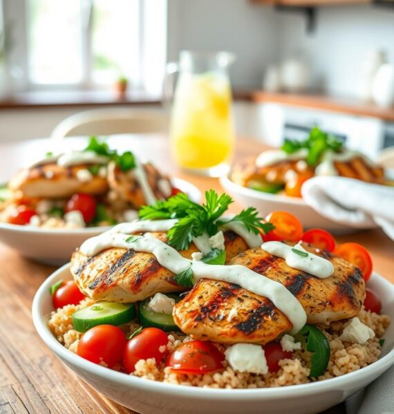 A mouthwatering scene of Greek Grilled Chicken Bowls, captured in a bright, airy kitchen. In the foreground, tender grilled chicken breasts are nestled atop a bed of fluffy quinoa, vibrant cherry tomatoes, crisp cucumber slices, and crumbled feta cheese. Garnished with fresh parsley and a drizzle of tangy tzatziki sauce, the dish exudes the flavors of the Mediterranean. The middle ground features a rustic wooden table, with a glass pitcher of fresh lemonade and a simple white napkin adding to the casual, wholesome presentation. Soft, natural lighting filters in through large windows, casting a warm glow over the scene and highlighting the dish's vibrant colors. An overall feeling of health, simplicity, and culinary delight pervades the image.